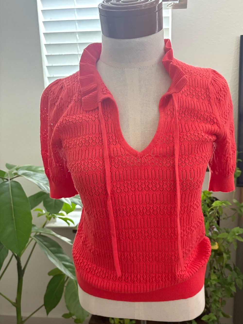 LOFT Coral Red Ruffled Knit V-Neck & Puffed Short Sleeves Top with Tie Detail